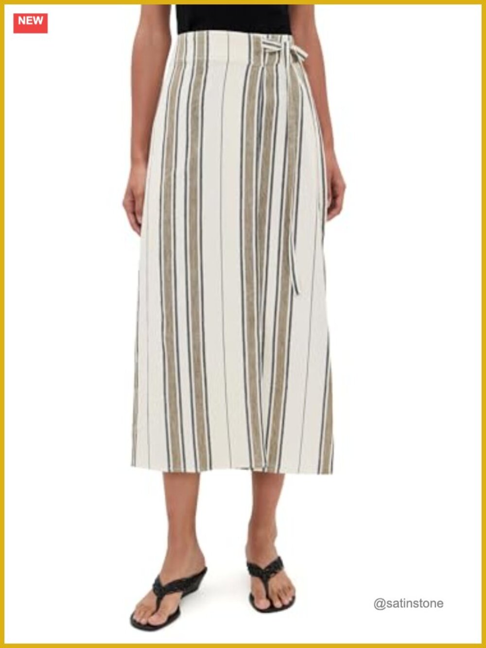 Wrap Skirt Midi Cotton Linen Striped High Rise Tie Waist